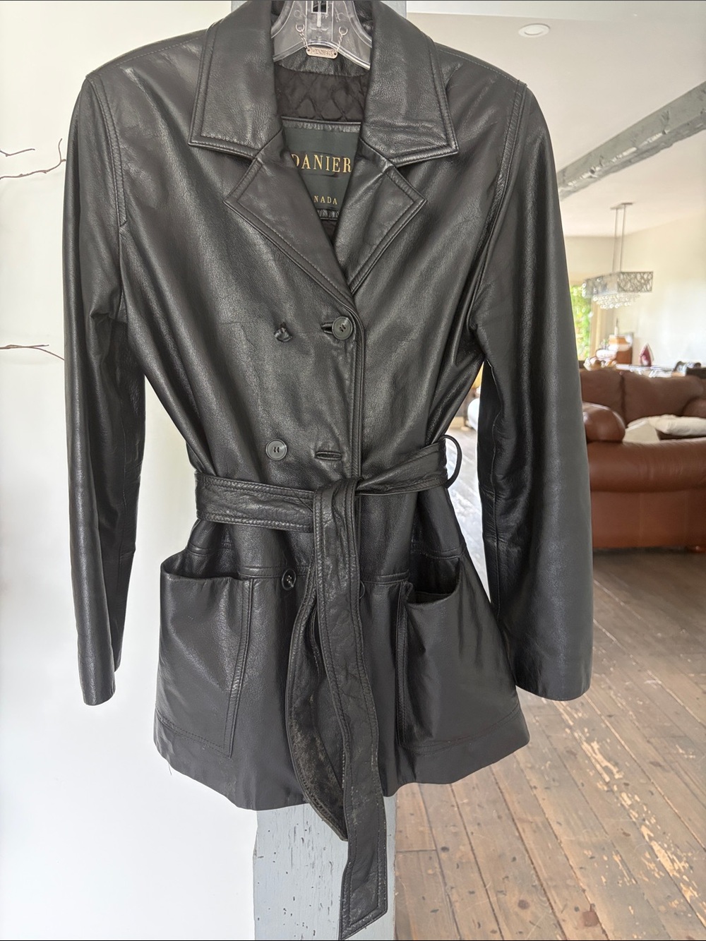 Danier Black Double-Breasted Leather Belted Jacket